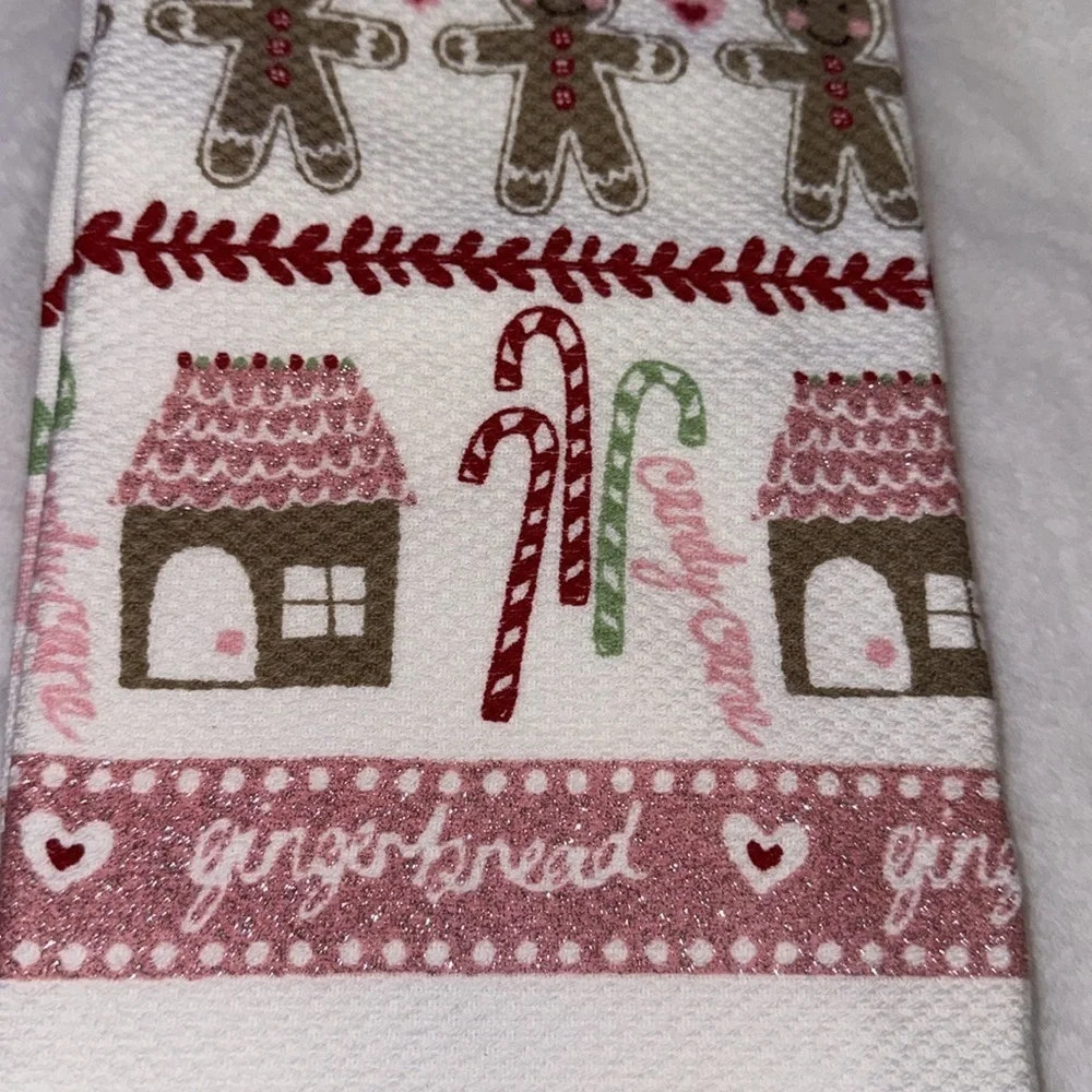 Pink Christmas Gingerbread Kitchen Towel Pastel Hand Dish Towel sparkling